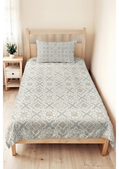 Gri Etnik Geometrik Tek Kişilik Pike Takımı - Bej Bohem Kapitone Mevsimlik Yatak Örtüsü 160x220 Cm Melez Halı Aurası