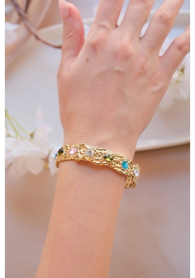 Gold Vintage Renkli Zirkon Taşlı Çelik Kelepçe Bileklik Gold