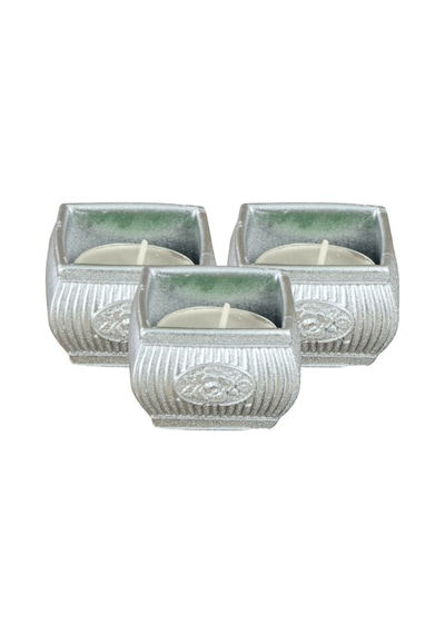Mumluk Şamdan 3 Adet Tealight Uyumlu Üçlü Mini Çizgili Çiçekli Model - Gümüş