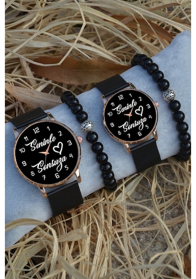 Siyah Rose Gold Hasır Çift Seninle Sonsuza Saat Ve Bileklik Hediyeli Sevgili Çift Saatleri