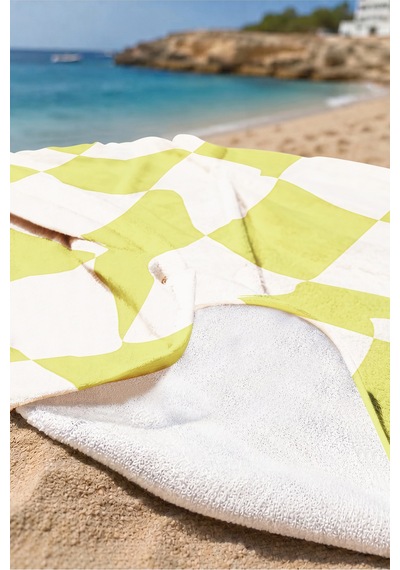 Damalı Geometrik Modern Plaj Havlusu - Yeşil Beyaz Retro Dalgalı Hızlı Kuruyan Mikrofiber Havlu Ayaz Gölgesi