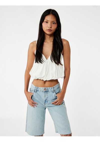 Koton Volanlı V Yaka Pamuklu Slim Fit Askılı Poplin Crop Bluz Kırık Beyaz 5sal30023ıw Ekru