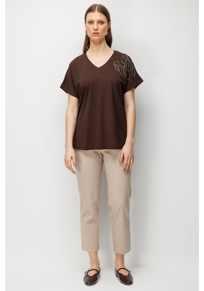 On Kadın Büyük Beden Tek Omzu Zincirli V Yaka T-shirt 71368 Kahverengi