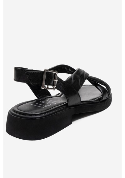 Luvishoes Frand Siyah Hakiki Deri Çapraz Bantlı Kadın Sandalet