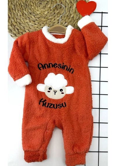 3-6-9-12 Ay Kuzu Tüylü Kumaş Annesinin Kuzusu Nakışlı Alttan Çıtçıtlı Kız Erkek Bebek Tulumu Turuncu