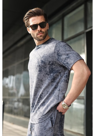 Madmext Lacivert Batik Desenli Overfit Şort T-shirt Takım E7357 Lacivert