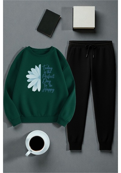 Uyguntarz Unisex Today İs The Perfect Tasarım Basklı Bisiklet Yaka Sweatshirt - 2'li Eşofman Takımı Yeşil