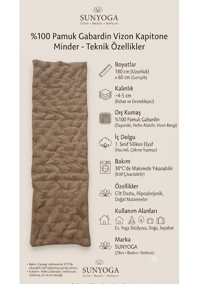 Pamuk Kapitone Meditasyon Minderi 180x60 Cm - Konforlu Yoga Matı Ve Yer Minderi Vizon