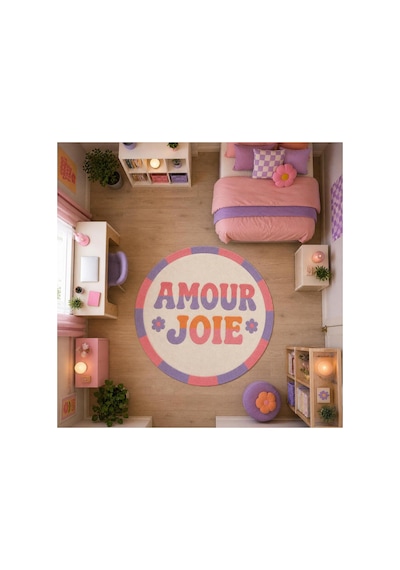 "aura" Serisi - Amour Joie Yazılı Retro Yuvarlak Krem Mor Pastel Dokuma Taban Dekoratif Halı Aura26 Çok Renkli