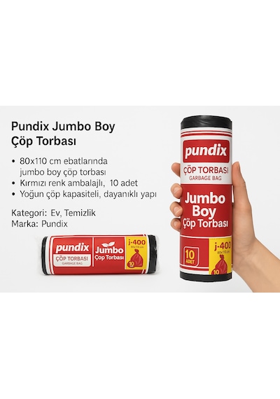 Pundix Pundıx J400 Endüstriyel Çöp Poşeti 80x110 Cm Siyah Jumbo Boy Kalın Seri 1 Koli 20 Rulo / 200 Adet Dayanıklı, Sızdırmaz Ve Geniş Hacimli Çöp Torbası