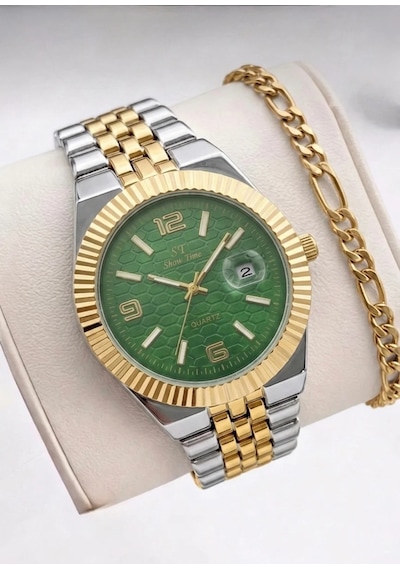 Erkek Takvimli Gold Kol Saati Çok Renk Seçenekli Çelik Kordon Quartz Mekanizmalı Lüks Erkek Saat + Bileklik Hediyeli Yeşil Erkek Takvimli Gold Kol Saati Çok Renk Seçenekli Çelik Kordon Quartz Mekanizmalı Lüks Erkek Saat + Bileklik Hediyeli Yeşil