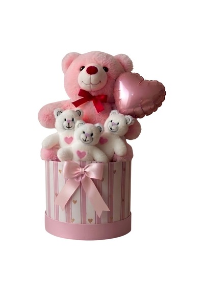 Pembe Peluş Ayıcık Buketi Hediye Kutusu Kalpli Balonlu Sevimli Ayı Seti Sevgiliye, Arkadaşa & Bebek Hediyesi