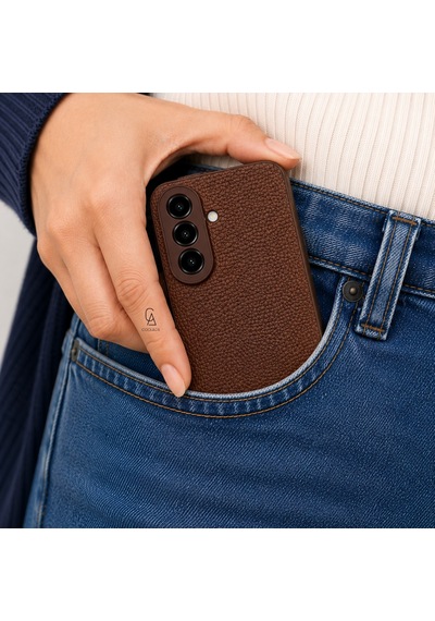 Samsung Galaxy A27 Uyumlu Deri Dokulu Silikon Telefon Kılıfı Ve Şeffaf Temperli Cam Ekran Koruyucu Kahverengi