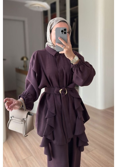 Ka Hijab Fırfır Detaylı Kuşaklı Takım - Mürdüm