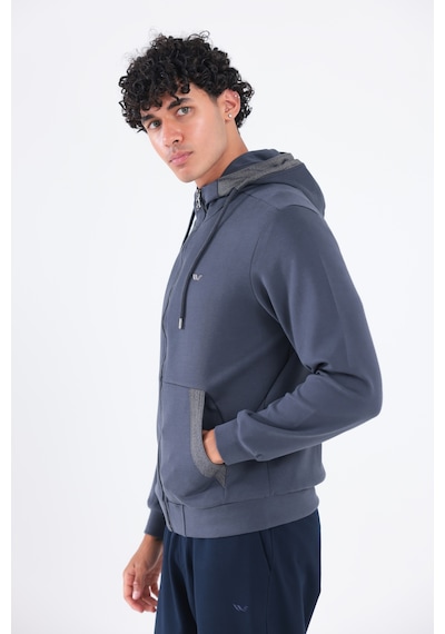 Rowinger Modal Kumaş Kapüşonlu Fermuarlı Kontrast Detaylı Erkek Sweatshirt Antracite
