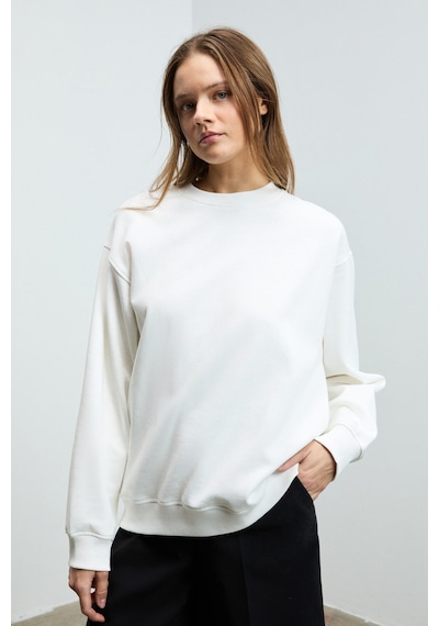 Grımelange KARIUS Kadın Organik Pamuklu İçi Polarlı Oversize Yuvarlak Yakalı Beyaz Sweatshirt