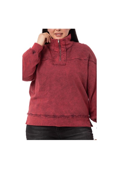 Büyük Beden Pis Dikişli Fermuarlı Yırtmaçlı Parça Boyalı Bordo Sweatshirt-bordo Bordo