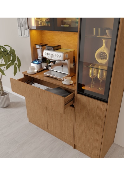 Bambu Midi Sağ Vitrinli Komple Mdf Led Aydınlatmalı Kahve Köşesi