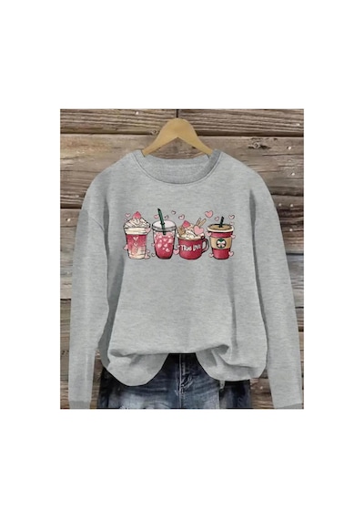 Herkesemoda Baskılıı Bisiklet Yaka İçi Polarlı Sweatshirt Gri
