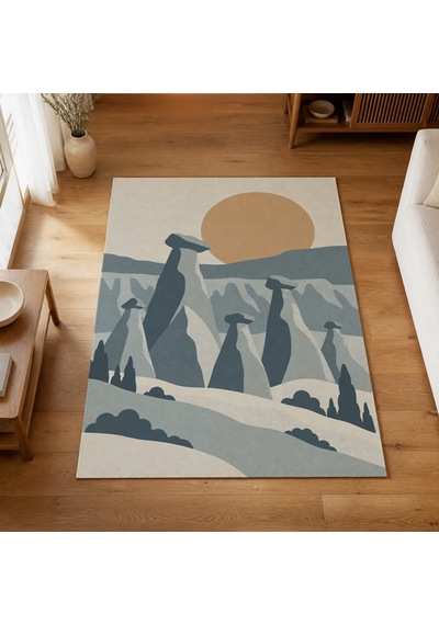 Kartela Halı Kapadokya Peri Bacası Desenli Halı Mavi Kaymaz Taban Makinede Yıkanabilir 200x300 Cm
