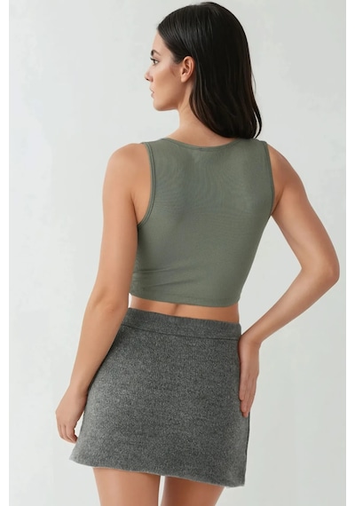 Hiccup Düz Renkli Fitilli Ön Kıvrık Crop Top Haki Yeşil