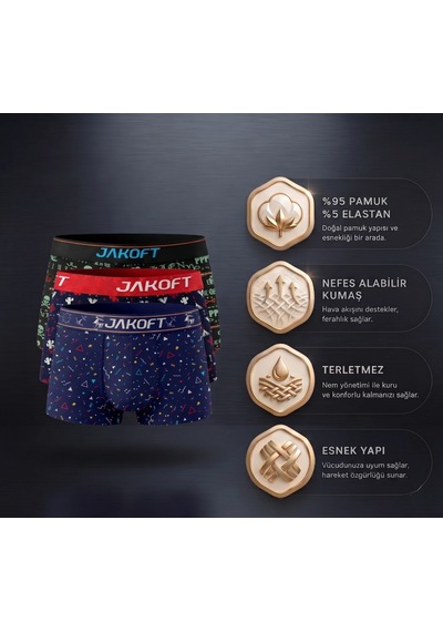 Jakoft Classic Pamuklu Erkek Boxer 3'lü Paket Desenli