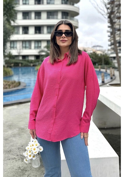 WeShaya Kadın Fuşya Basic Model, Gofre Kumaş, Salaş Gömlek Fuşya