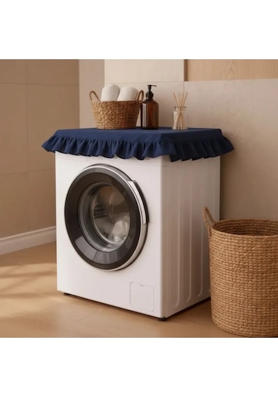 Fırfırlı Çamaşır Makinesi Örtüsü - Çeyizlik Dekoratif Banyo Makine Kılıfı- Lacivert