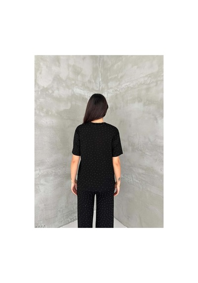 Asur Boutique Asur Butik Kadın Taşlı Bisiklet Yaka Alt Üst Takım Pantolonlu Şık Günlük Kombin Siyah