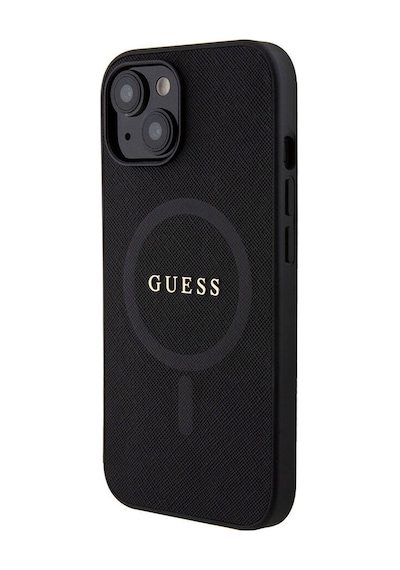 Apple Uyumlu iPhone 15 Kılıf Guess Lisanslı Magsafe Şarj Özellikli Yazı Logo Saffiano Kapak Siyah