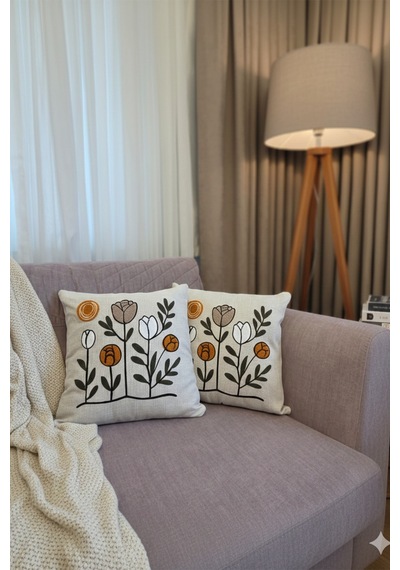 Punch İşlemeli Modern Tasarım Dekoratif 2'li Kırlent Kılıfı Nakışlı Keten 43x43 Cm Çiçeklilalelimodel