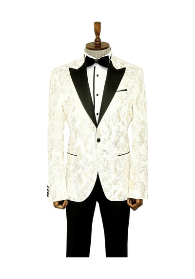 Wessi Dik Yaka Slim Fit Altın Desenli Beyaz Balo Ceket - Wessi Beyaz
