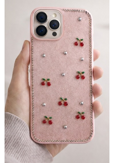 Apple Uyumlu iPhone 16 Pro Max Kiraz Figürlü Simli İnci Taşlı Lüx Silikon Kılıf Pembe