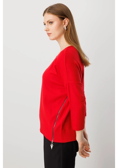 On Fashion Kadın Yanları Fermuarlı Kırmızı Bol Kazak 65389 Kırmızı