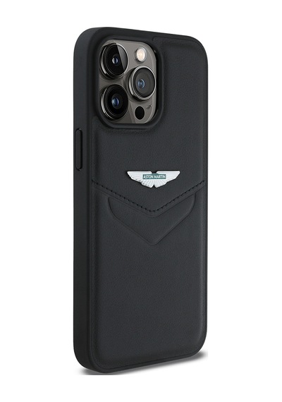 Apple Uyumlu iPhone 15 Pro Max Kılıf Aston Martin Lisanslı Victory Dizayn Deri Metal Logolu Kapak Siyah