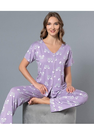 Boydan Düğmeli Gömlek Yazlık Kısa Kol Yakasız Pijama Takımı Dowry 08-117 Mor