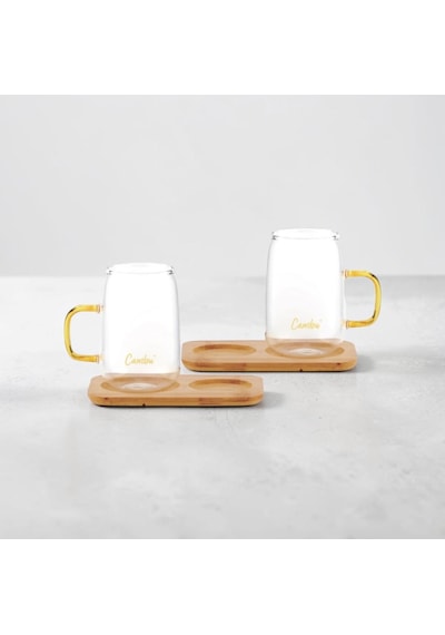 Cambu Bambu Tabaklı Borosilikat Kupa Seti 4 Parça 2x280 Ml Kupa + 2 Bambu Tabak Şeffaf