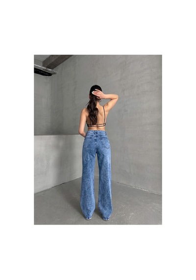 Kene Jeans Kadın Taş Yıkama Bol Paça Wide Leg Jeans Kot Pantolon Taş Yıkama