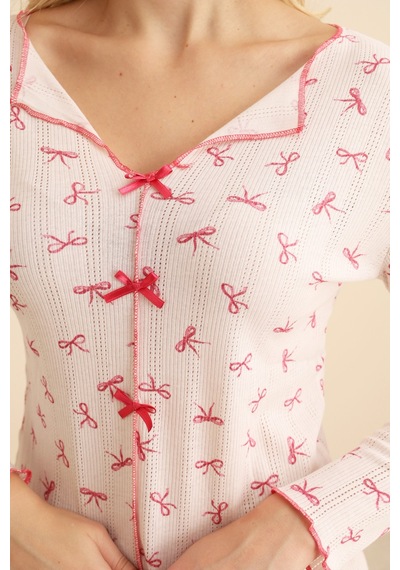 Siyah İnci Pamuklu Fiyonk Detaylı Ajurlu Delikli Örme Pijama Takım7927-4 Pembe