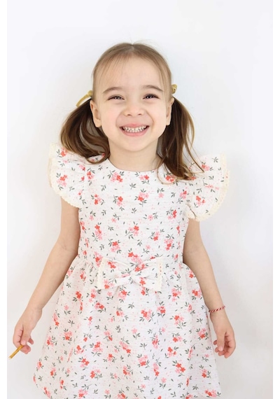 Esila Kids Kız Çocuk Elbise Bayramlık Elbise Çiçek Desenli Fiyonk Detaylı Büzgülü Kollu 3-6 Yaş Kırmızı