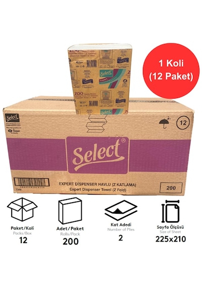 Select Expert Dispenser Z Katlama Kağıt Havlu 21 Cm X 22,5 Cm 200 Yaprak 1 Koli 12 Paket - Beyaz