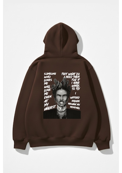 Uyguntarz Unisex Yumuşak Dokulu Frida Kahlo Viva La Vida Baskılı Tasarım Oversize 3 İplik Hoodie Sweatshirt Kahverengi