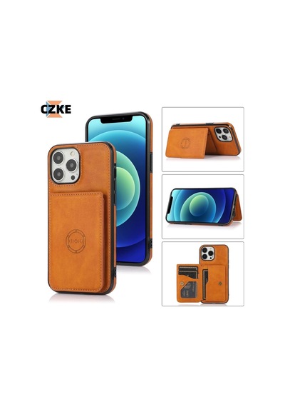 Iphone 12/12 Pro Uyumlu Kart Bölmeli Cüzdanlı Deri Kılıf Taba