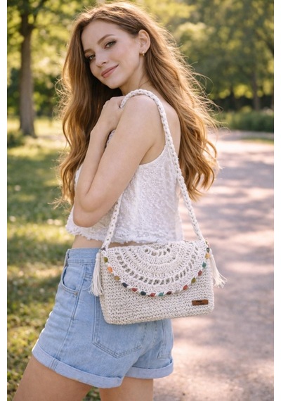 El Örgüsü Nazar Boncuklu 27x19cm Askılı Kağıt Ip Clutch Portföy Çanta Beyaz