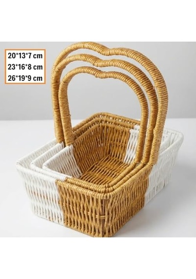 İç İçe Geçebilen 3'lü Çift Renkli Dikdörtgen Formlu Kalp Saplı Plastik Rattan Sepet Seti Hasır Görünüml Diğer