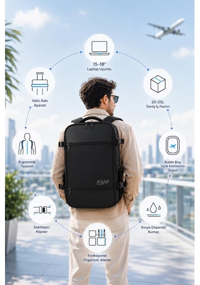 Classone Xyz Serisi Tr-100 Kabin Boy ,uçak İçi , Ergonomik, Laptop Ve Tablet Bölmeli, Seyahat, Valiz, 15 -18 İnch Uyumlu Notebook, Laptop Sırt Çantası Siyah