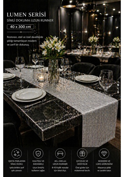 Lumen Serisi Silver 40x300 Cm Simli Dokuma Uzun Runner Modern Lüks Masa Örtüsü 8-10 Kişilik Gümüş