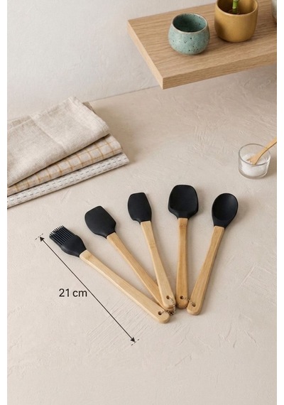 5'li Silikon Ve Bambu Saplı Mutfak Gereçleri Seti-spatula,fırça Servis Maşa Seti siyah