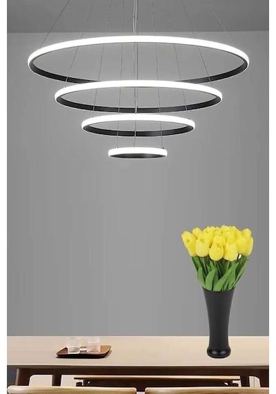 4'lü Halka Siyah Kasa Beyaz Led Avize Salon,oturma Odası