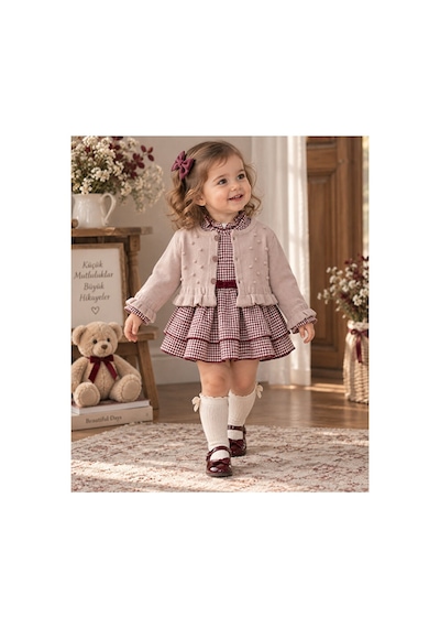 Ministok Amour Alttan Çıtçıtlı Kız Bebek Elbise Ve Hırka Takım Bordo